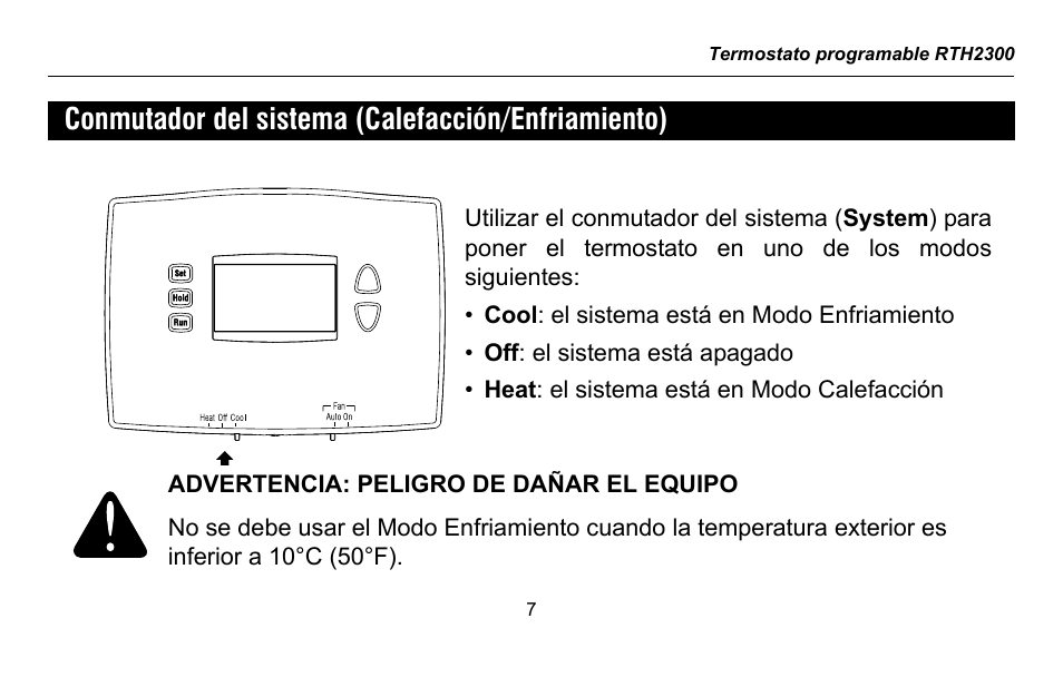 Conmutador del sistema (calefacción/enfriamiento) | Honeywell RTH2300 User Manual | Page 31 / 44