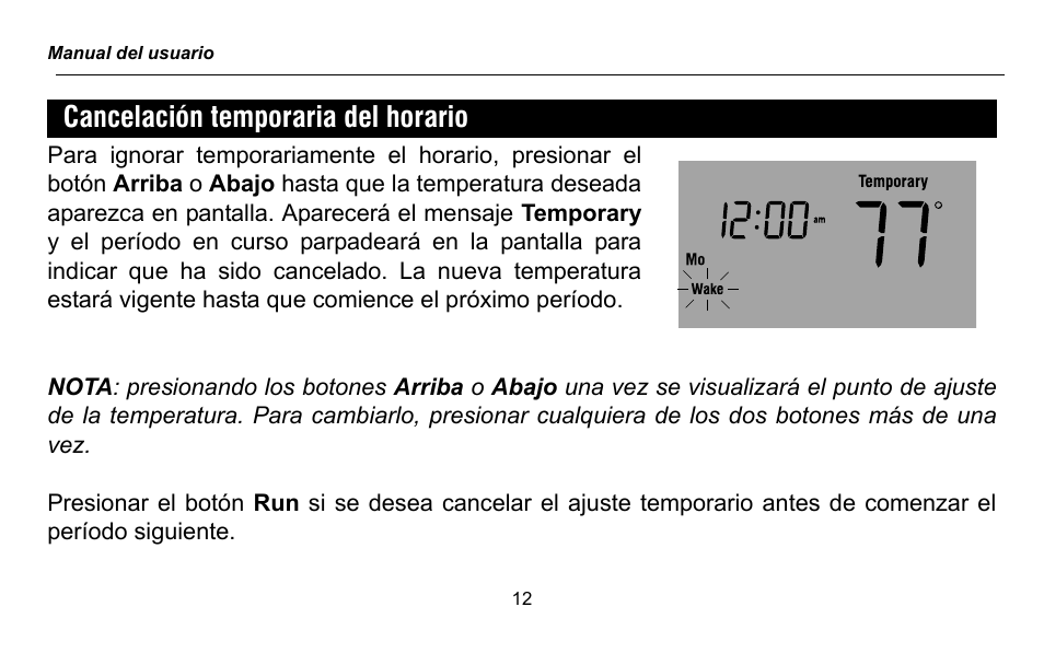 Cancelación temporaria del horario | Honeywell RTH2300 User Manual | Page 36 / 44