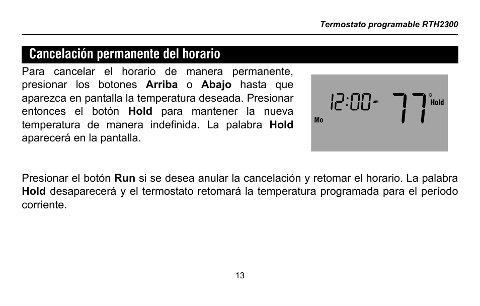 Cancelación permanente del horario | Honeywell RTH2300 User Manual | Page 37 / 44