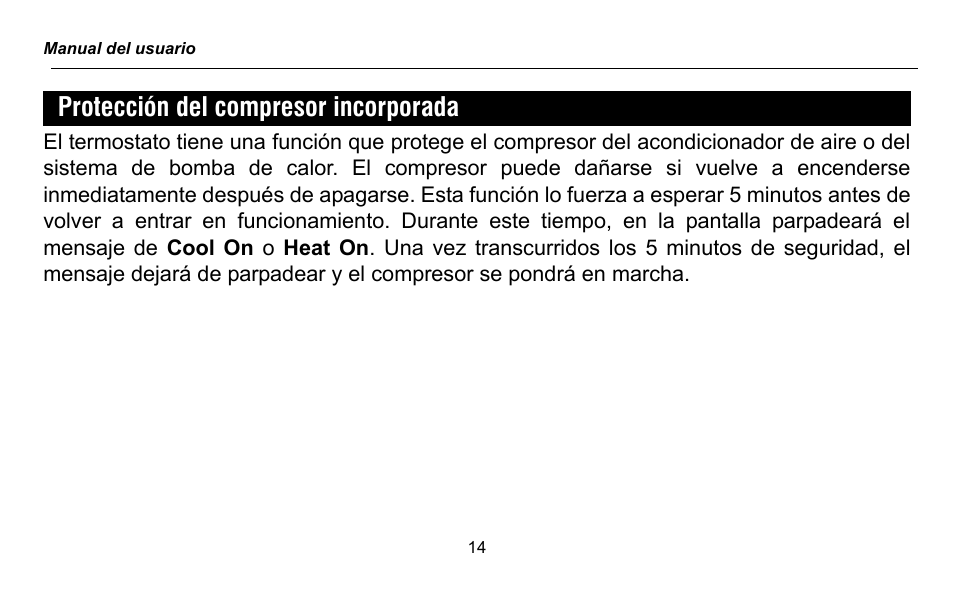 Protección del compresor incorporada | Honeywell RTH2300 User Manual | Page 38 / 44