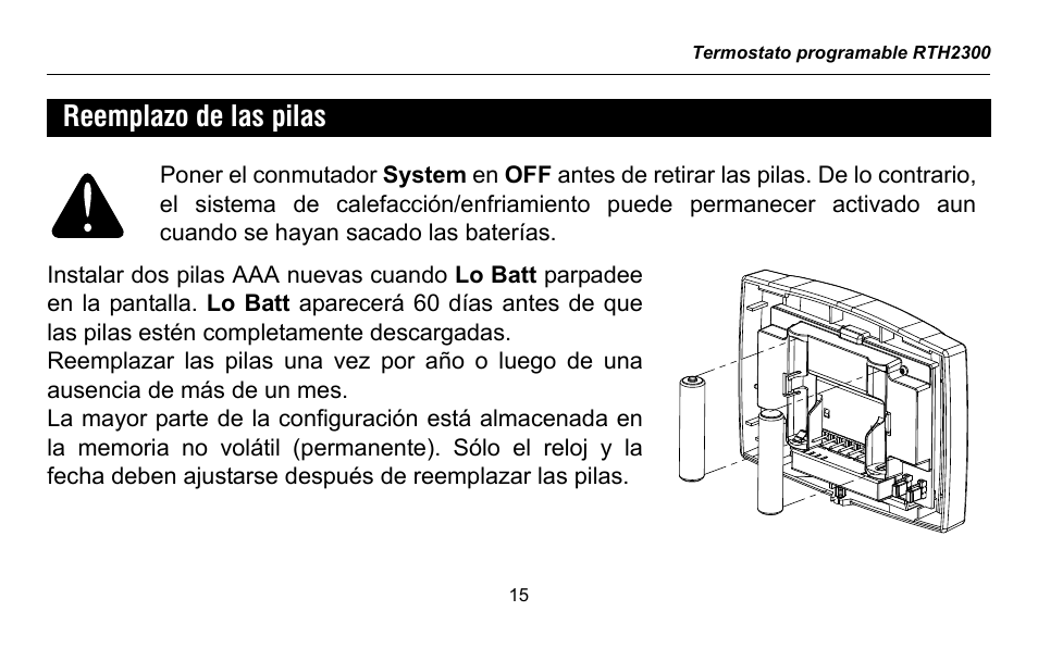 Reemplazo de las pilas | Honeywell RTH2300 User Manual | Page 39 / 44