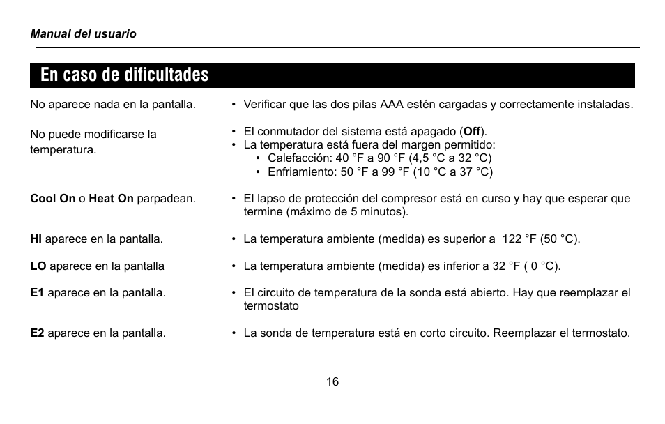 En caso de dificultades | Honeywell RTH2300 User Manual | Page 40 / 44