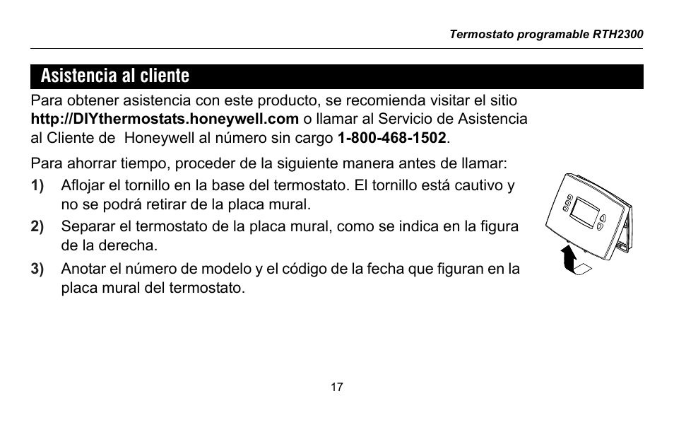 Asistencia al cliente | Honeywell RTH2300 User Manual | Page 41 / 44