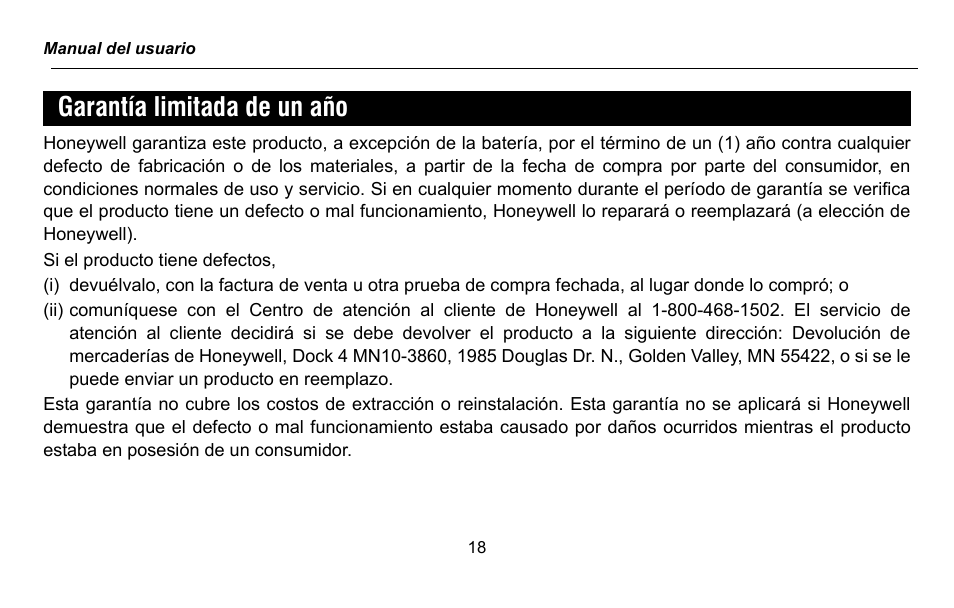 Garantía limitada de un aсo | Honeywell RTH2300 User Manual | Page 42 / 44