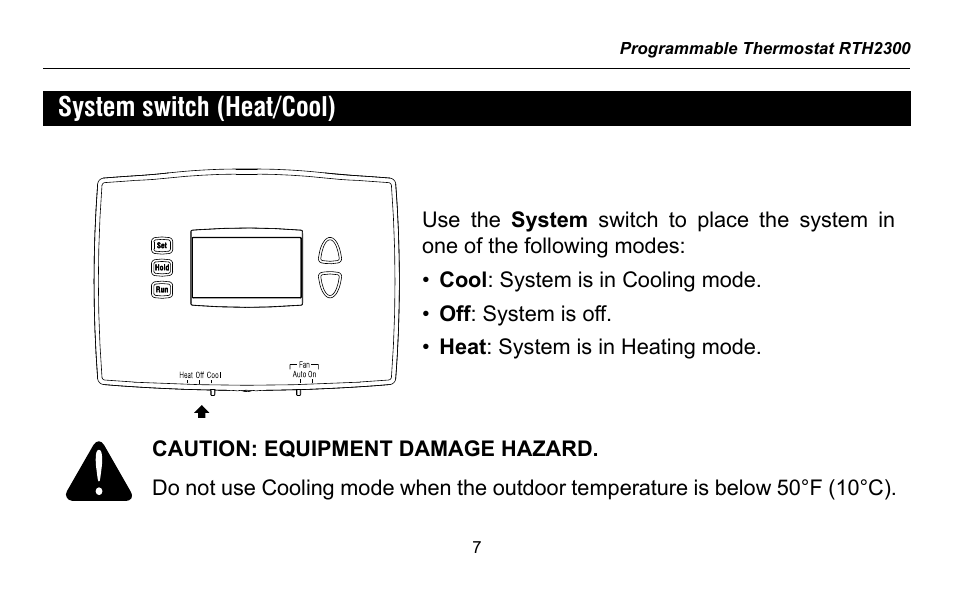 System switch (heat/cool) | Honeywell RTH2300 User Manual | Page 9 / 44