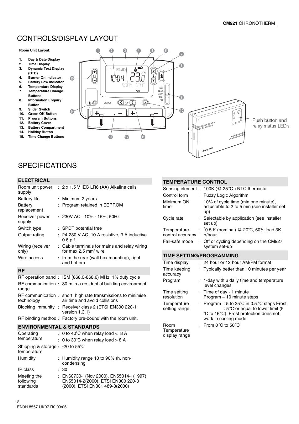 Specifications controls/display layout | Honeywell cm921 User Manual | Page 2 / 7