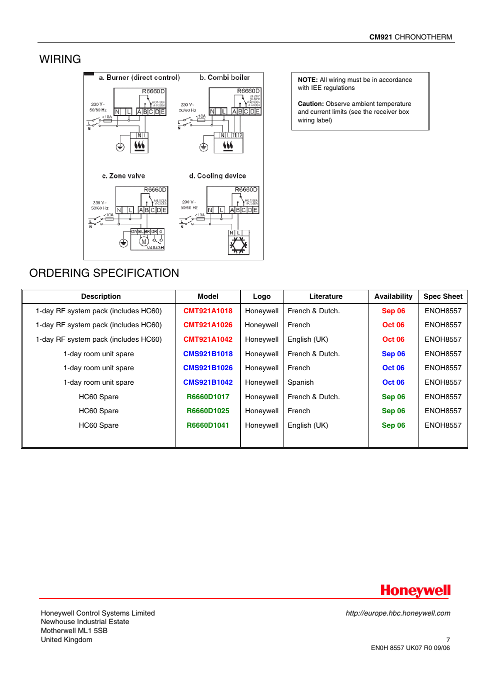 Ordering specification wiring | Honeywell cm921 User Manual | Page 7 / 7