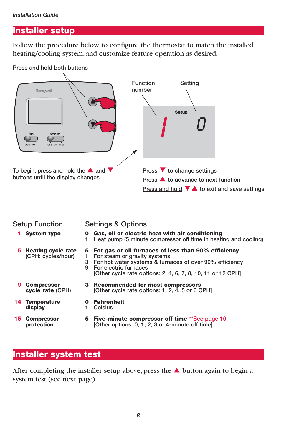 Installer setup, Installer system test | Honeywell PRO TH2110D User Manual | Page 10 / 16