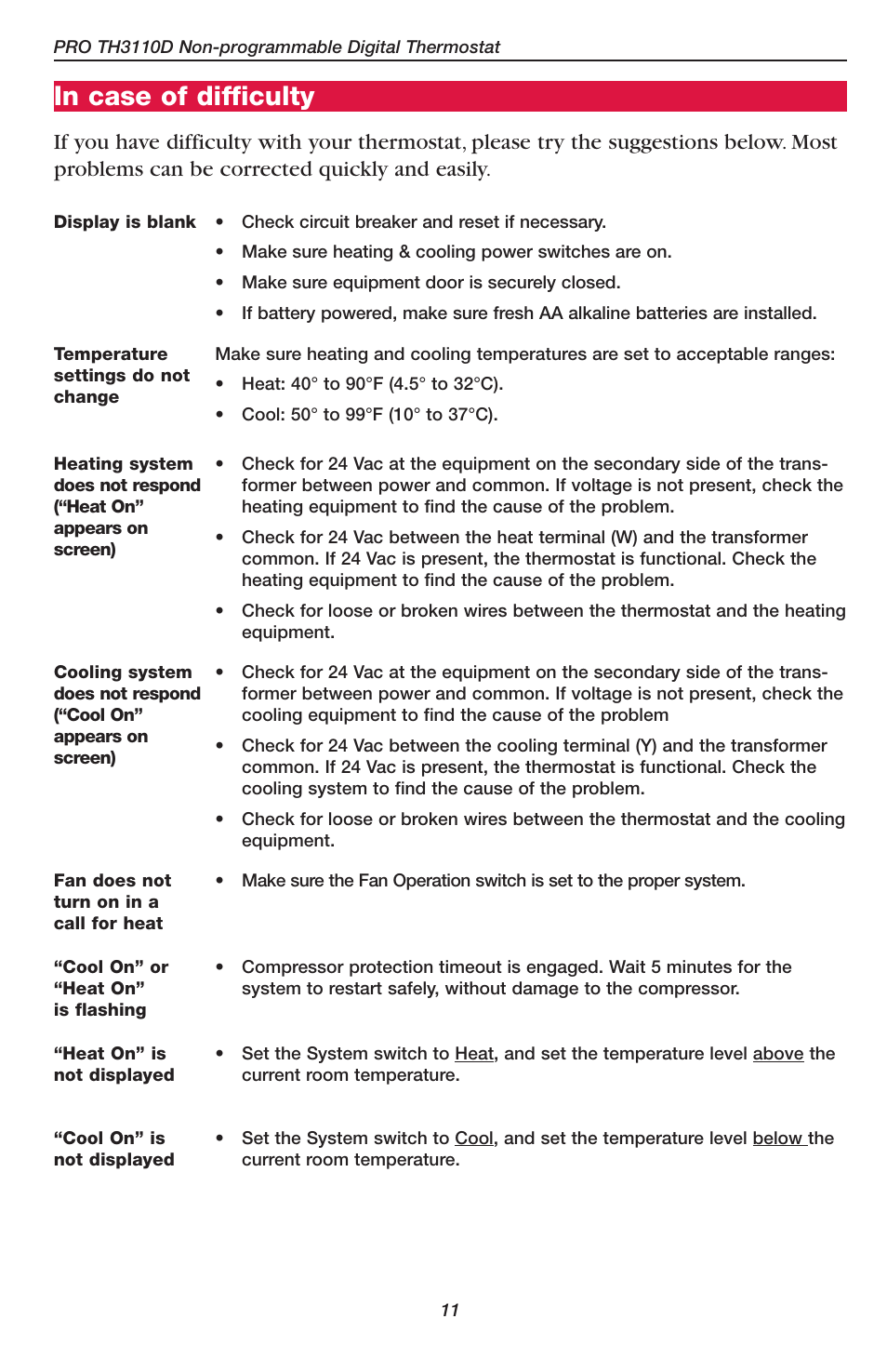 Honeywell PRO TH2110D User Manual | Page 13 / 16