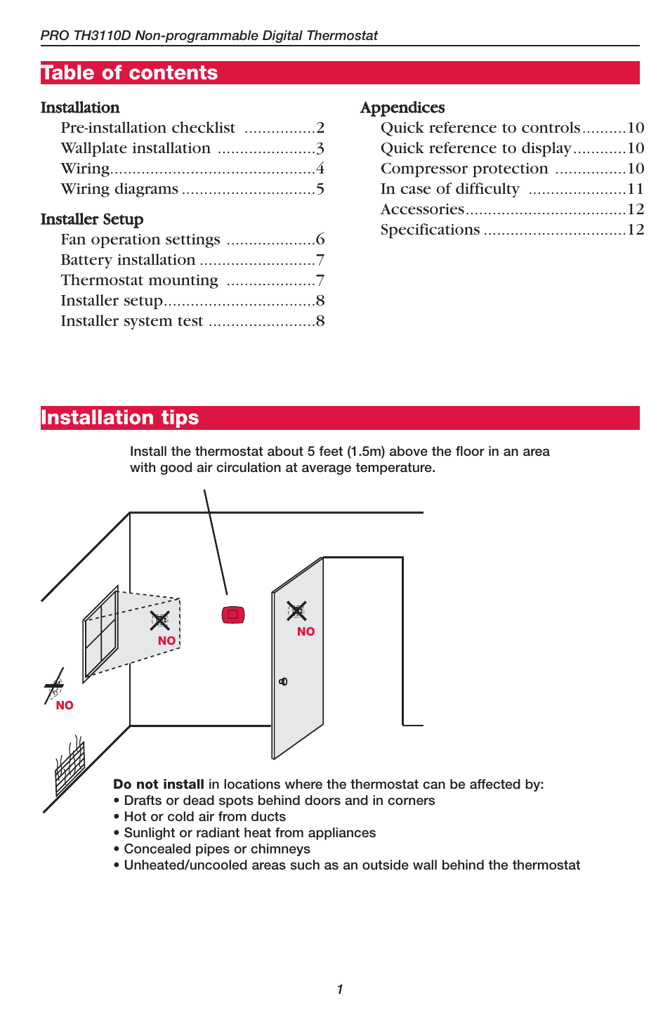 Table of contents installation tips | Honeywell PRO TH2110D User Manual | Page 3 / 16