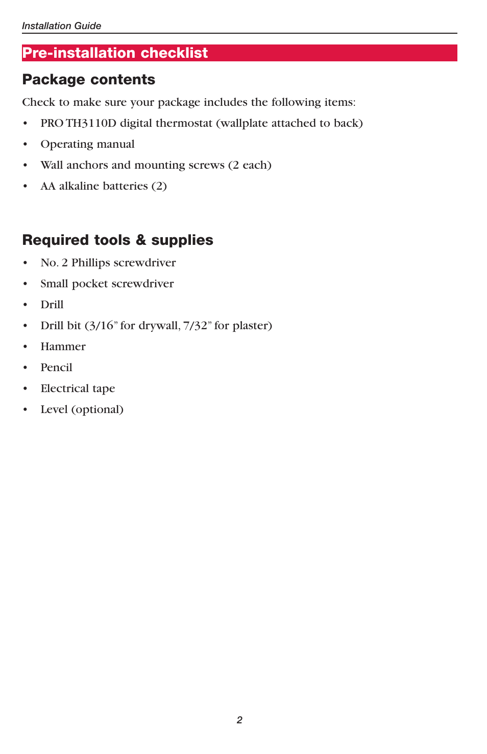 Pre-installation checklist package contents, Required tools & supplies | Honeywell PRO TH2110D User Manual | Page 4 / 16