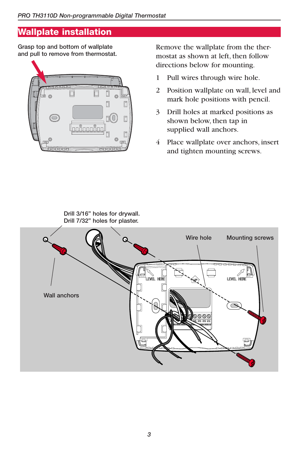 Wallplate installation | Honeywell PRO TH2110D User Manual | Page 5 / 16