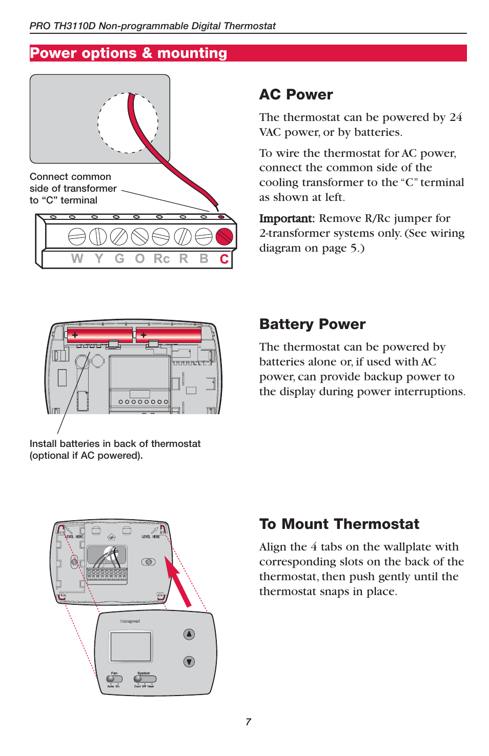 Ac power, Battery power, Power options & mounting | Honeywell PRO TH2110D User Manual | Page 9 / 16