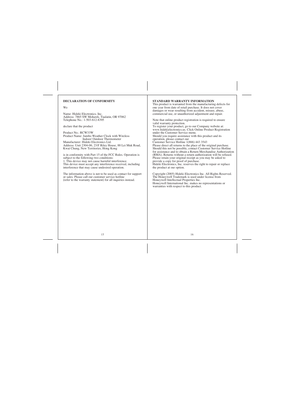 Honeywell RCW33W User Manual | Page 9 / 9