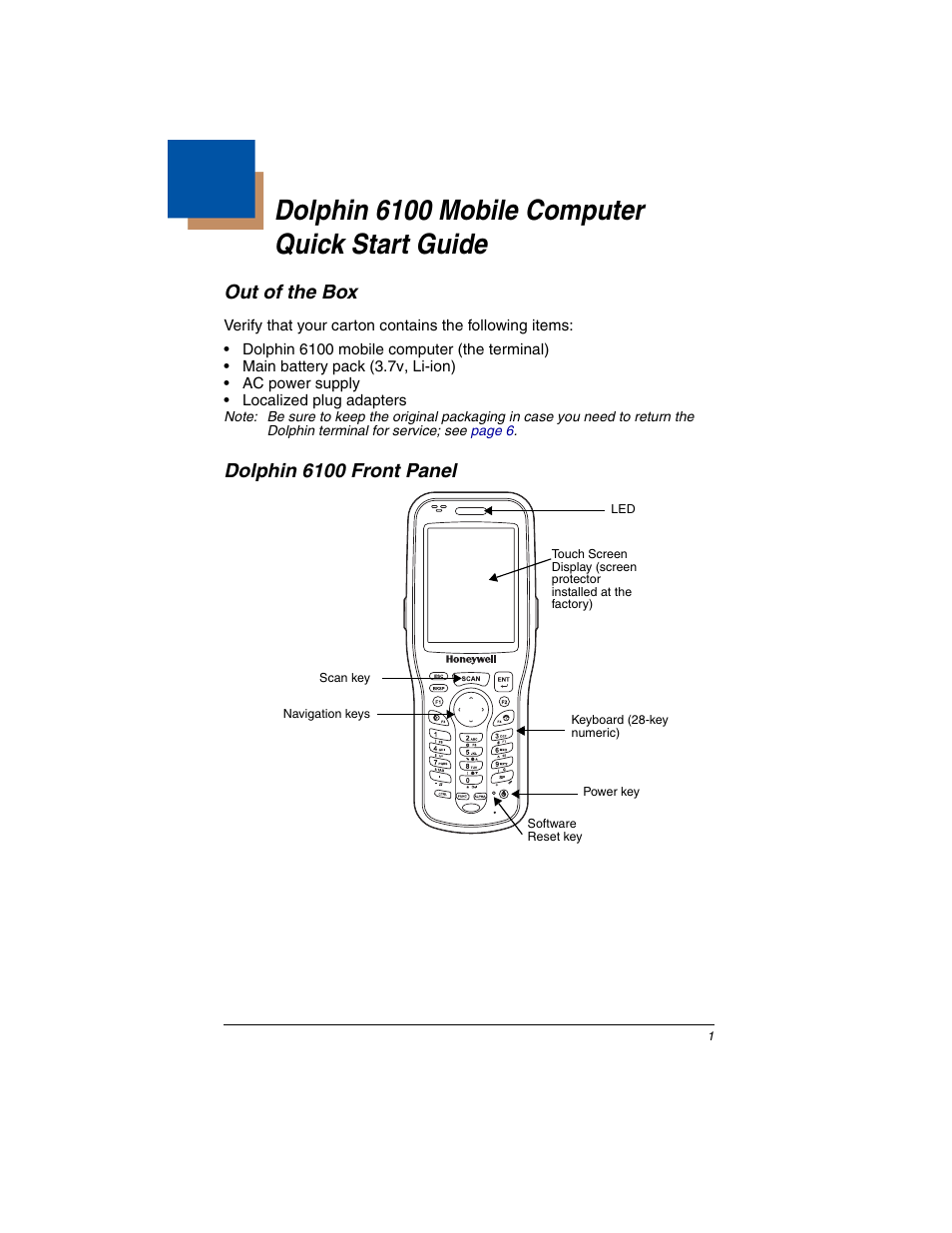Out of the box, Dolphin 6100 front panel, Dolphin 6100 mobile computer quick start guide | Honeywell DOLPHIN 6100 User Manual | Page 3 / 14