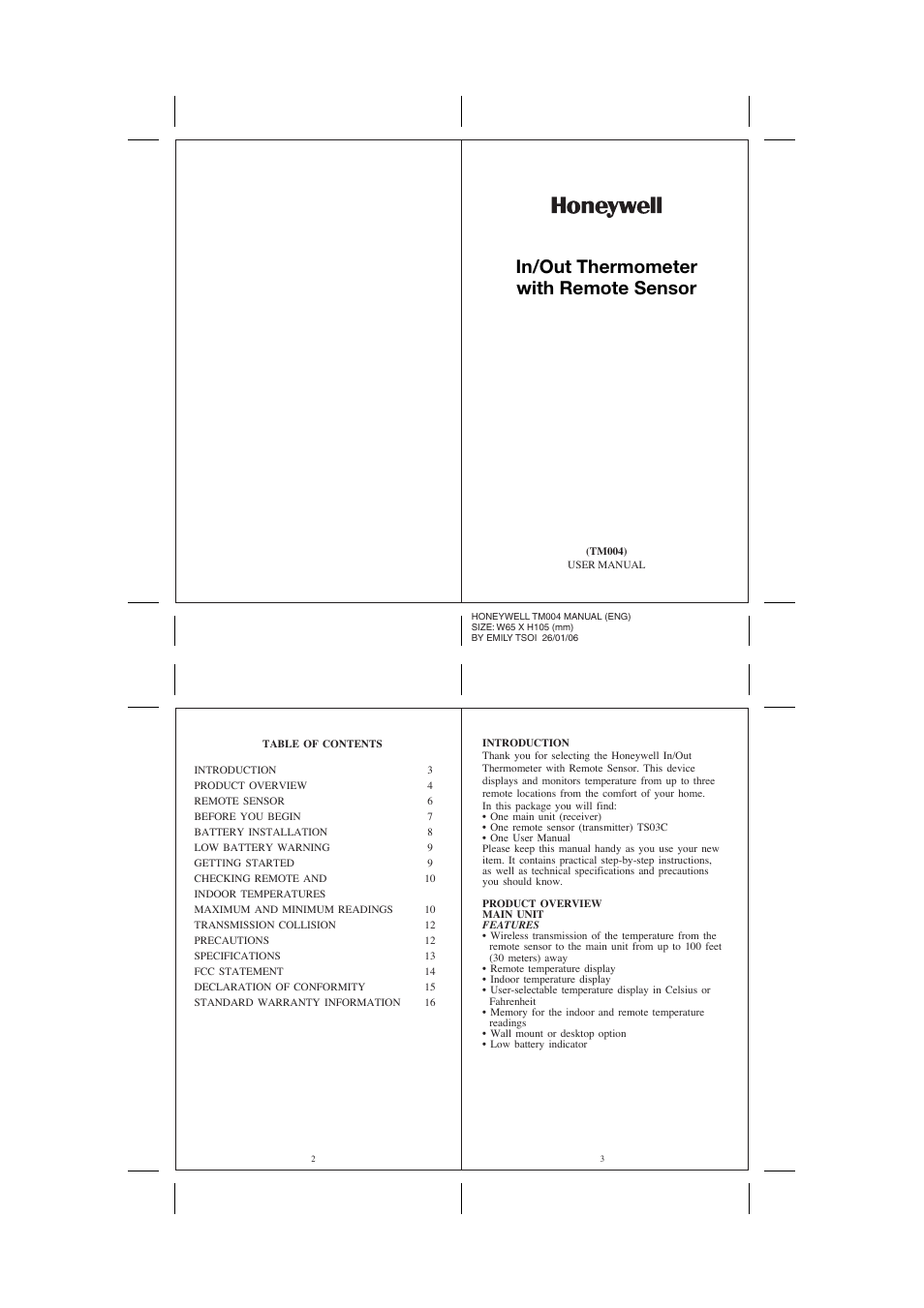 Honeywell TS03C User Manual | 4 pages