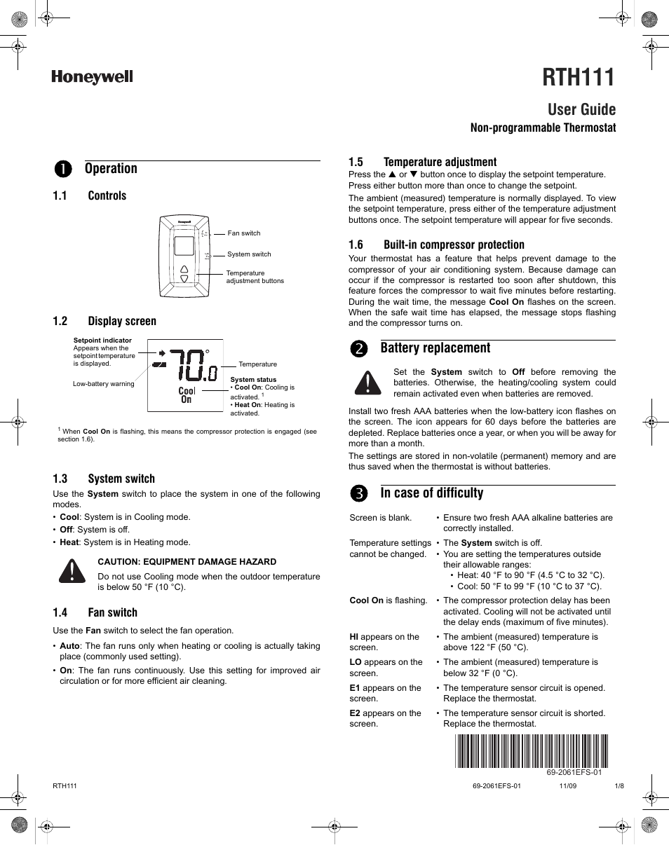 Honeywell RTH111 User Manual | 8 pages