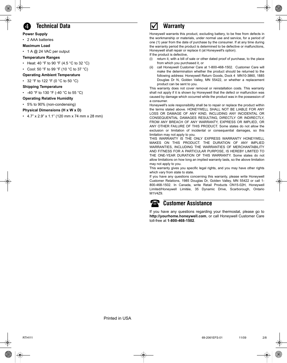 Technical data, Warranty, Customer assistance | Honeywell RTH111 User Manual | Page 2 / 8