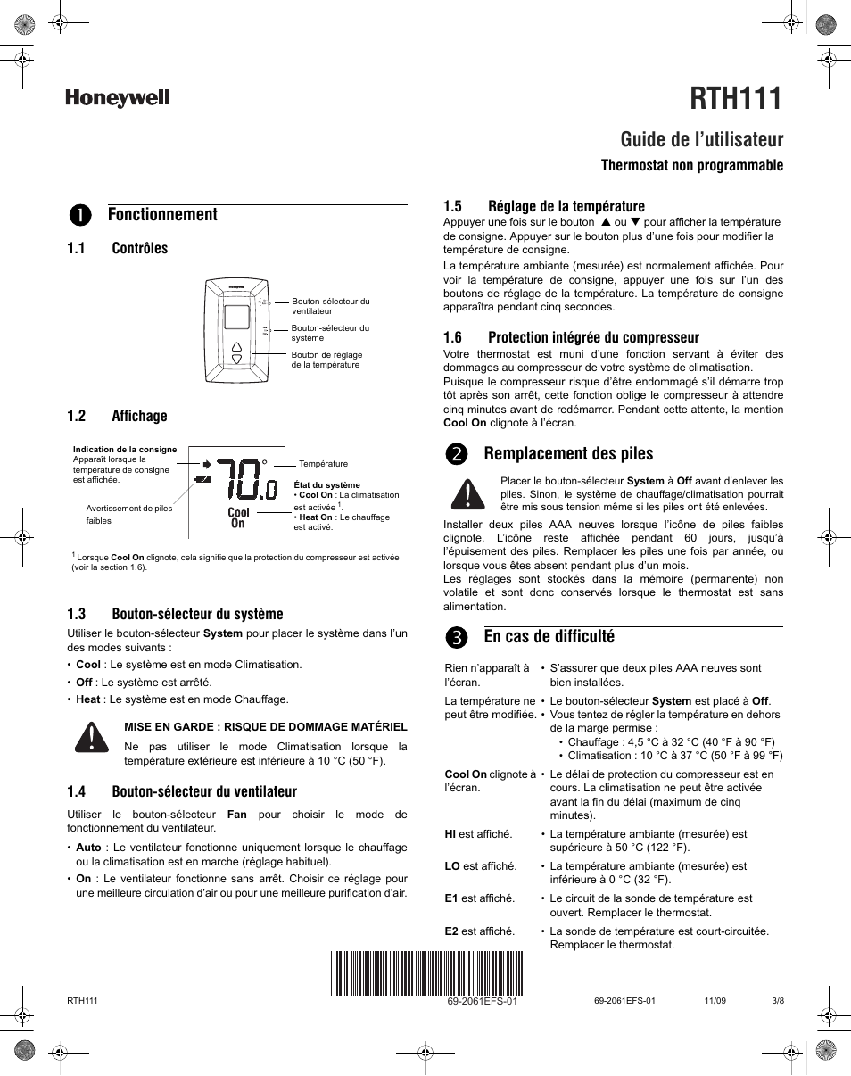 Rth111, Guide de l’utilisateur, Fonctionnement | Remplacement des piles, En cas de difficulté | Honeywell RTH111 User Manual | Page 3 / 8