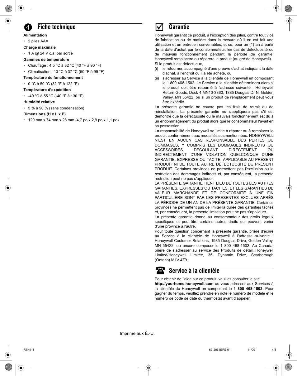 Fiche technique, Garantie, Service à la clientèle | Honeywell RTH111 User Manual | Page 4 / 8