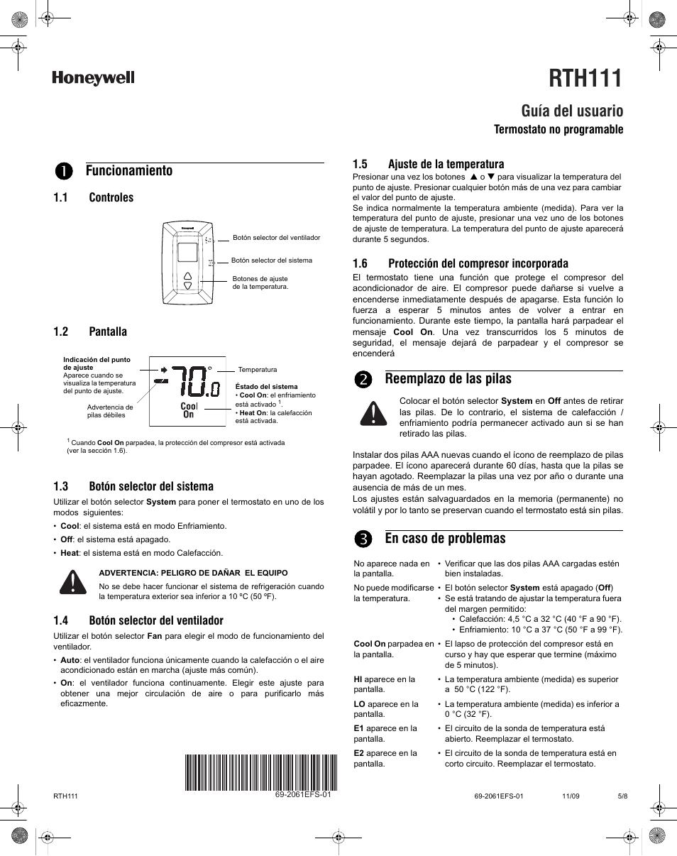 Rth111, Guía del usuario, Funcionamiento | Reemplazo de las pilas, En caso de problemas, 4 botón selector del ventilador, 5 ajuste de la temperatura, 6 protección del compresor incorporada, Termostato no programable | Honeywell RTH111 User Manual | Page 5 / 8