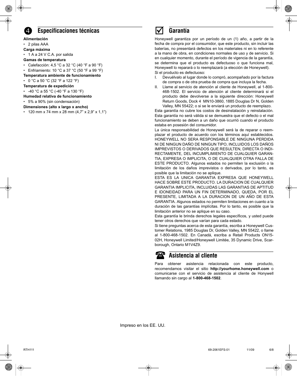 Especificaciones técnicas, Garantía, Asistencia al cliente | Honeywell RTH111 User Manual | Page 6 / 8