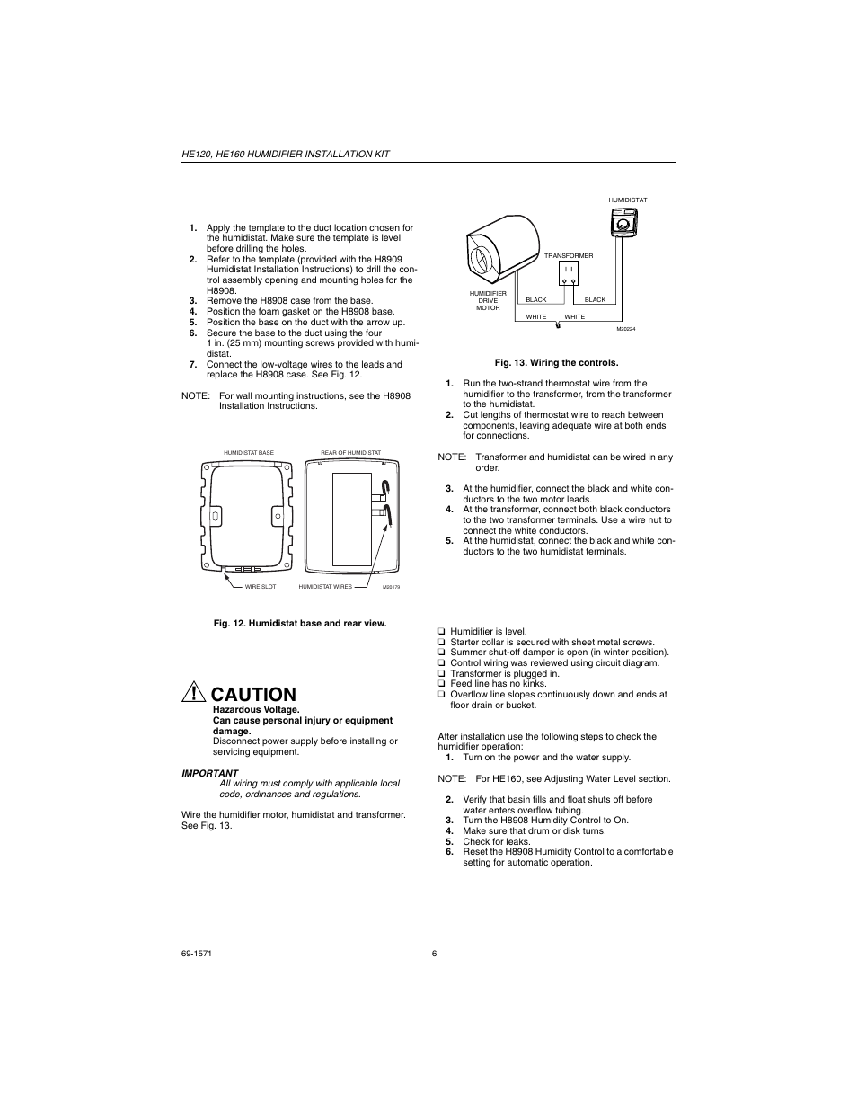 Installing humidistat, Mounting duct, Wiring | Testing humidifier operation, Checklist, Caution, Installing humidistat mounting duct | Honeywell HE160 User Manual | Page 6 / 8
