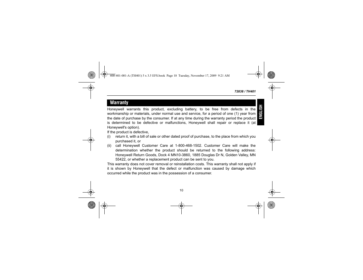 Warranty | Honeywell 72838 User Manual | Page 13 / 40