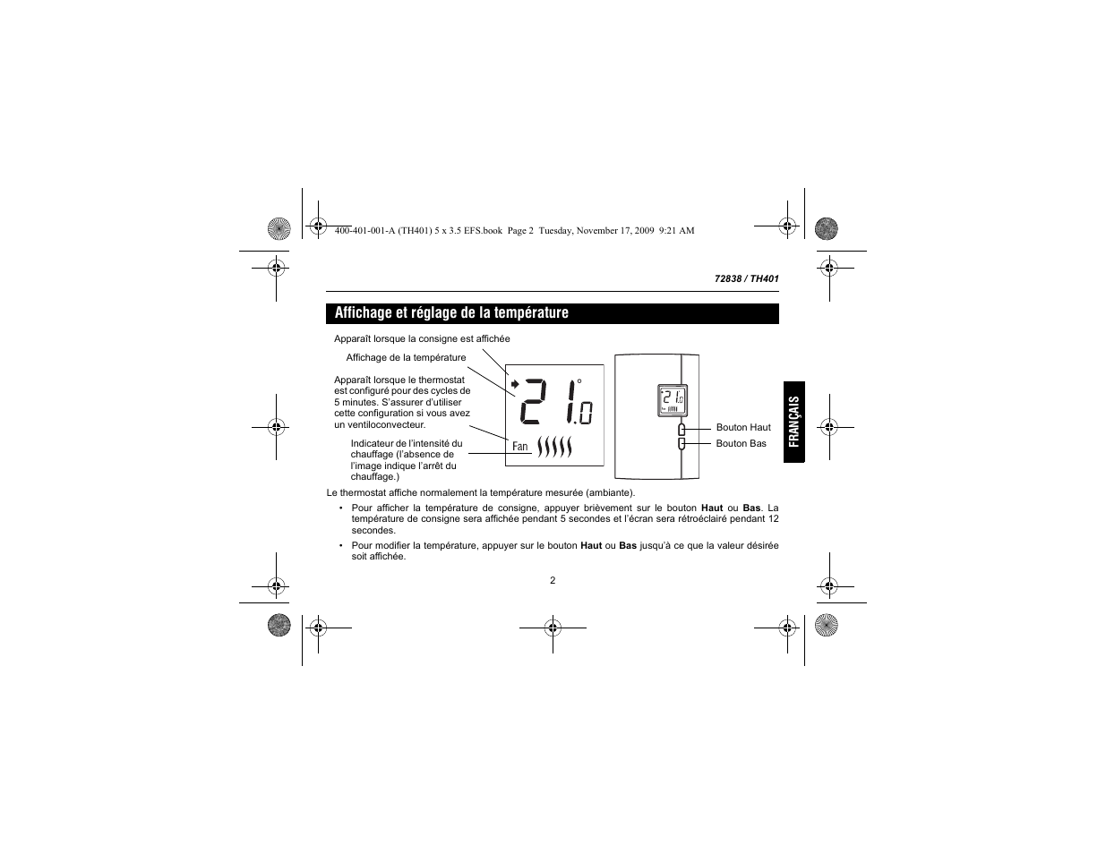 Affichage et réglage de la température | Honeywell 72838 User Manual | Page 17 / 40