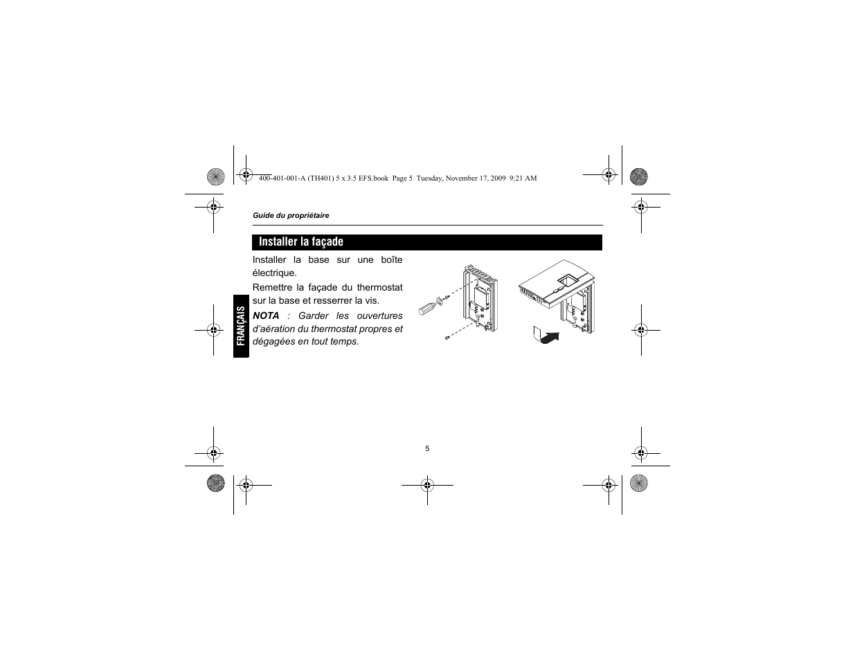 Installer la façade | Honeywell 72838 User Manual | Page 20 / 40