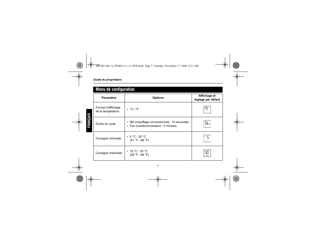 Menu de configuration | Honeywell 72838 User Manual | Page 22 / 40