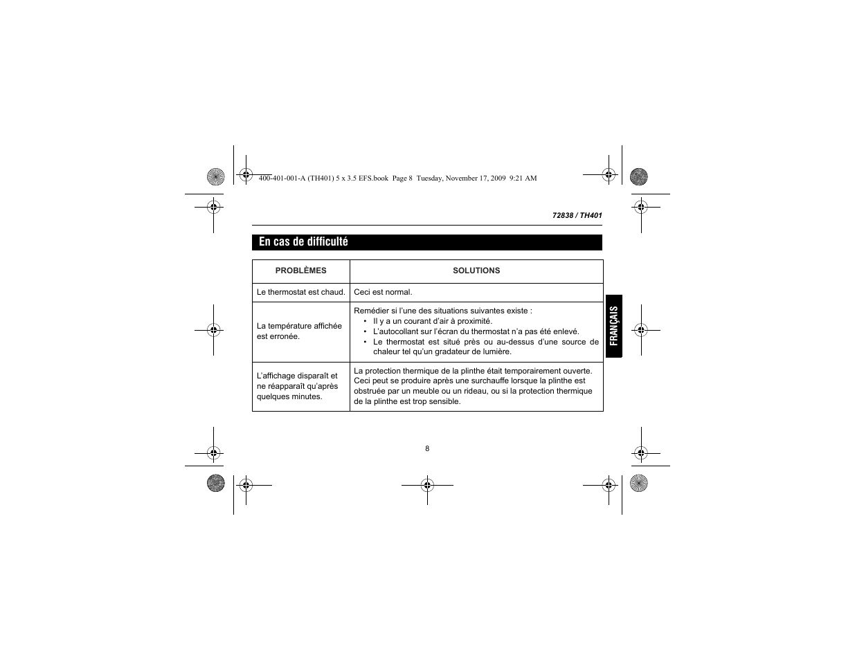 En cas de difficulté | Honeywell 72838 User Manual | Page 23 / 40