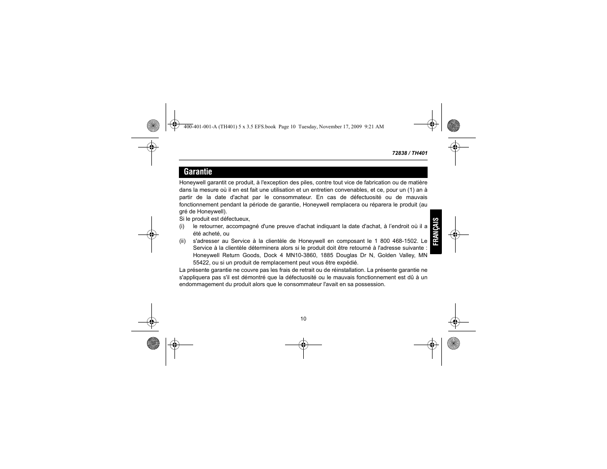 Garantie | Honeywell 72838 User Manual | Page 25 / 40