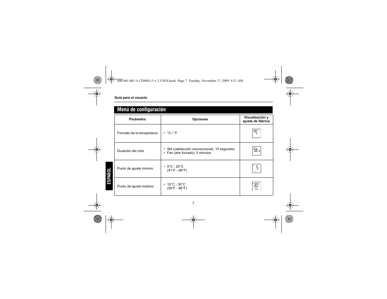 Menú de configuración | Honeywell 72838 User Manual | Page 34 / 40