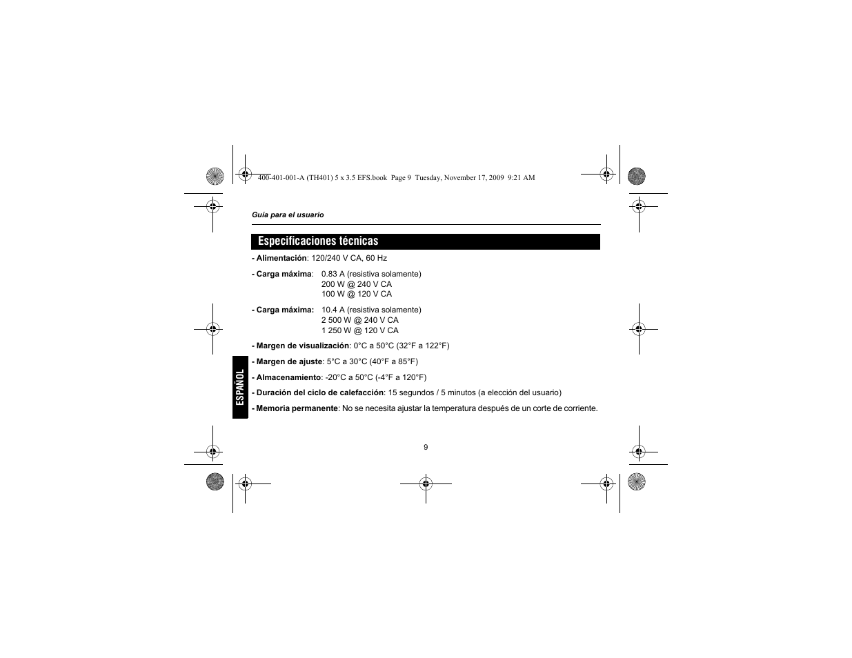 Especificaciones técnicas | Honeywell 72838 User Manual | Page 36 / 40