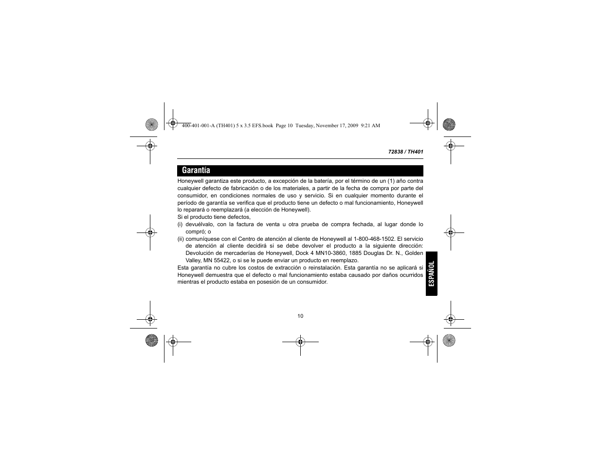 Garantía | Honeywell 72838 User Manual | Page 37 / 40