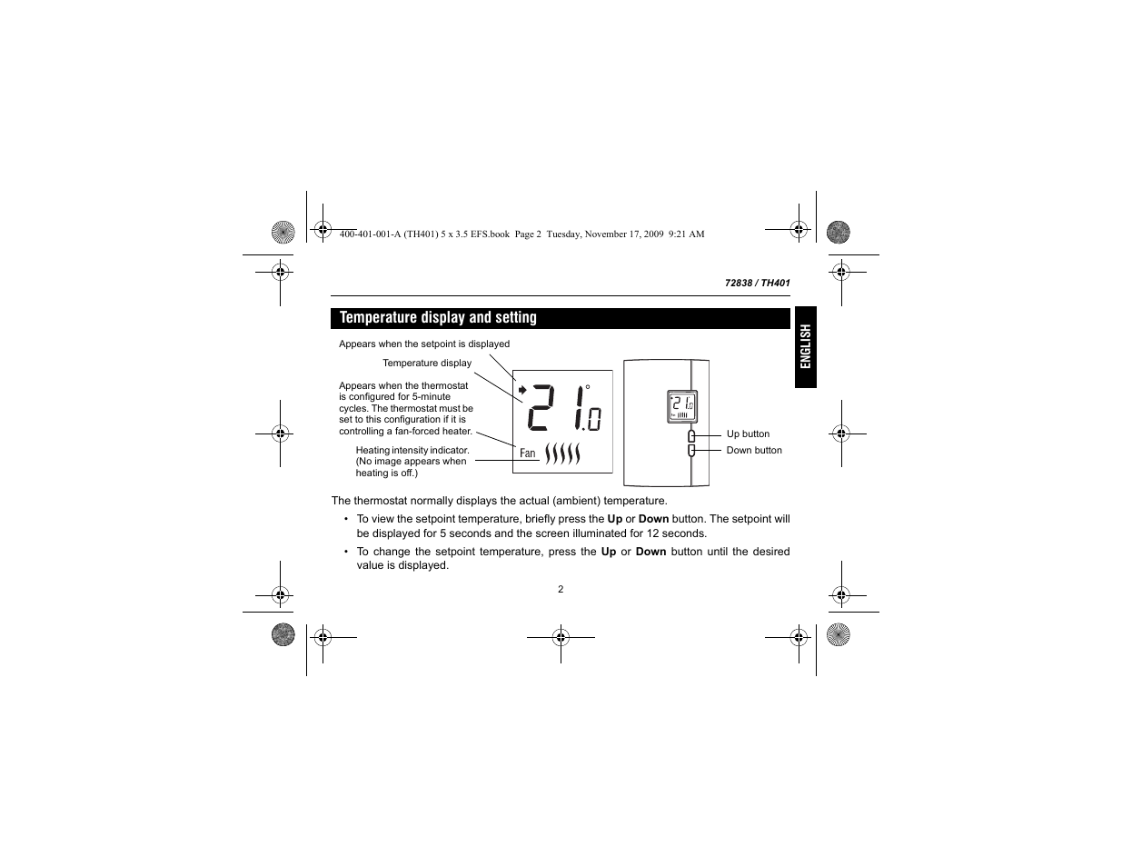 Temperature display and setting | Honeywell 72838 User Manual | Page 5 / 40