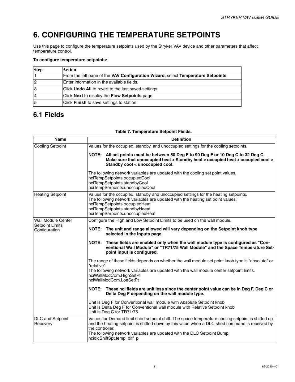 Configuring the temperature setpoints, 1 fields | Honeywell Stryker VAV 62-2030-01 User Manual | Page 11 / 28