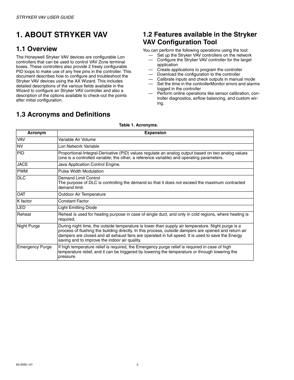 About stryker vav, 1 overview, 3 acronyms and definitions | Honeywell Stryker VAV 62-2030-01 User Manual | Page 2 / 28