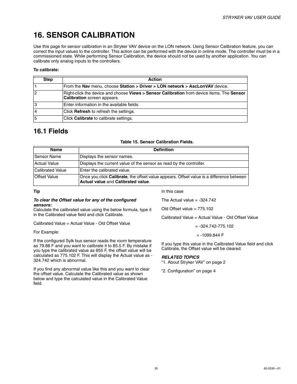 Sensor calibration, 1 fields | Honeywell Stryker VAV 62-2030-01 User Manual | Page 25 / 28