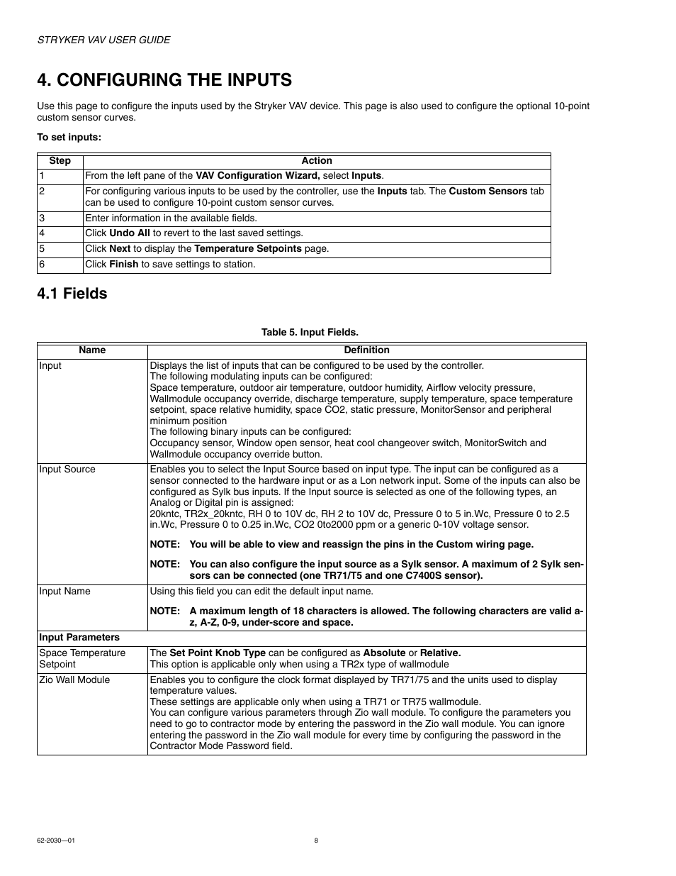Configuring the inputs, 1 fields | Honeywell Stryker VAV 62-2030-01 User Manual | Page 8 / 28