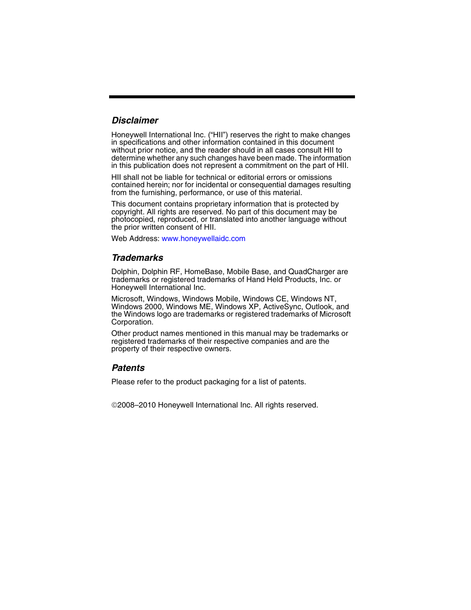 Disclaimer, Trademarks, Patents | Honeywell DOLPHIN 9950 User Manual | Page 13 / 14