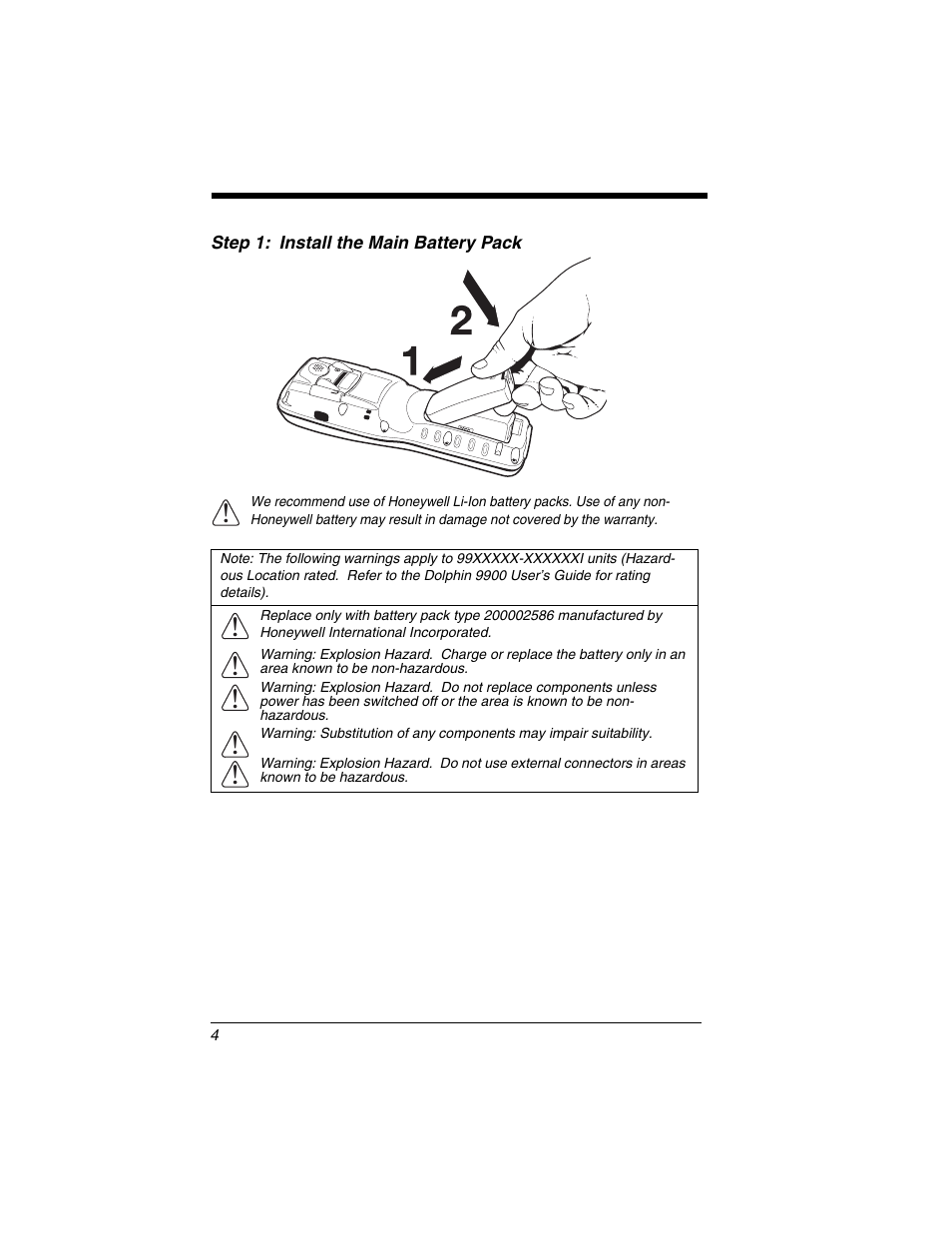 Step 1: install the main battery pack | Honeywell DOLPHIN 9950 User Manual | Page 6 / 14