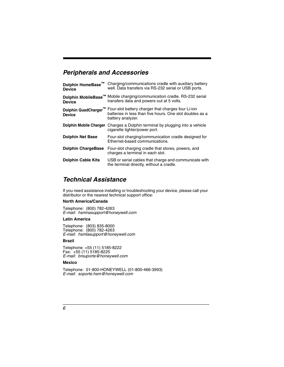 Peripherals and accessories, Technical assistance, Peripherals and accessories technical assistance | Honeywell DOLPHIN 9950 User Manual | Page 8 / 14