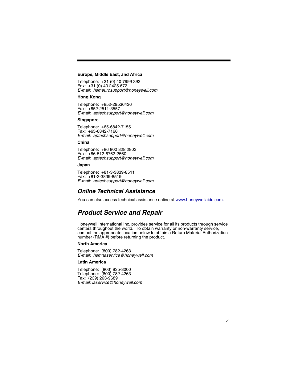 Online technical assistance, Product service and repair | Honeywell DOLPHIN 9950 User Manual | Page 9 / 14