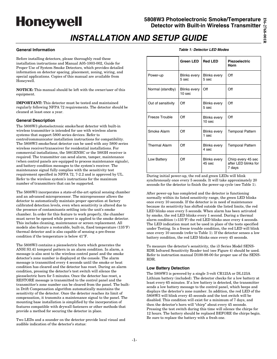 Honeywell Photoelectronic Smoke/Temperature Detector 5808W3 User Manual | 4 pages