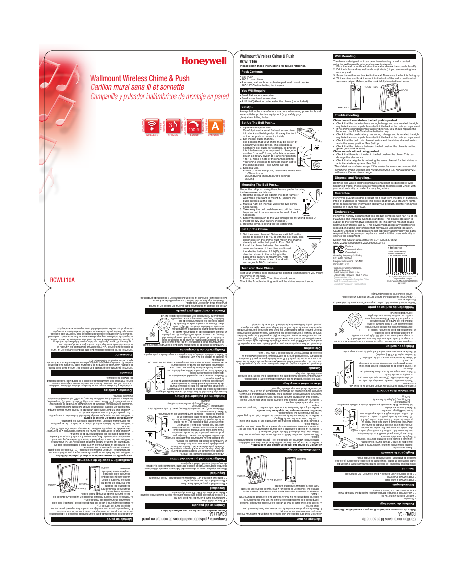 Honeywell RCWL110A User Manual | 1 page
