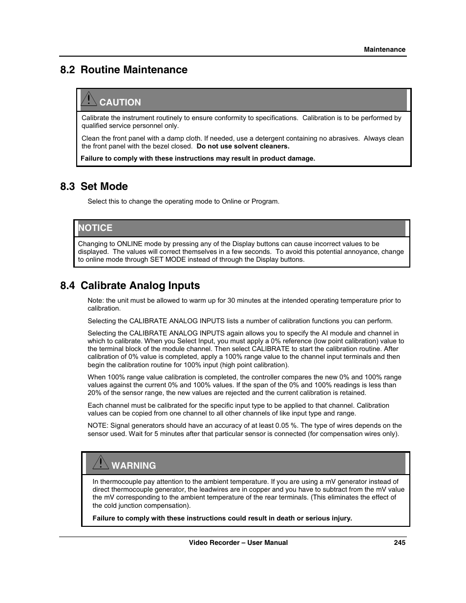 2 routine maintenance, 3 set mode, 4 calibrate analog inputs | Honeywell VRX180 User Manual | Page 259 / 294