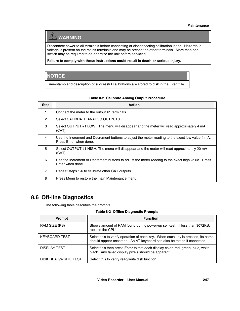 6 off-line diagnostics, Warning, Notice | Honeywell VRX180 User Manual | Page 261 / 294