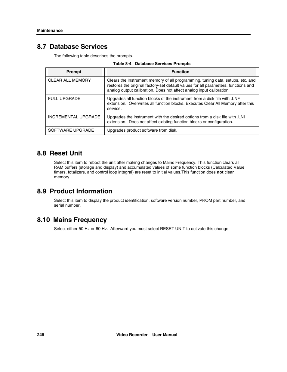 7 database services, 8 reset unit, 9 product information | 10 mains frequency | Honeywell VRX180 User Manual | Page 262 / 294
